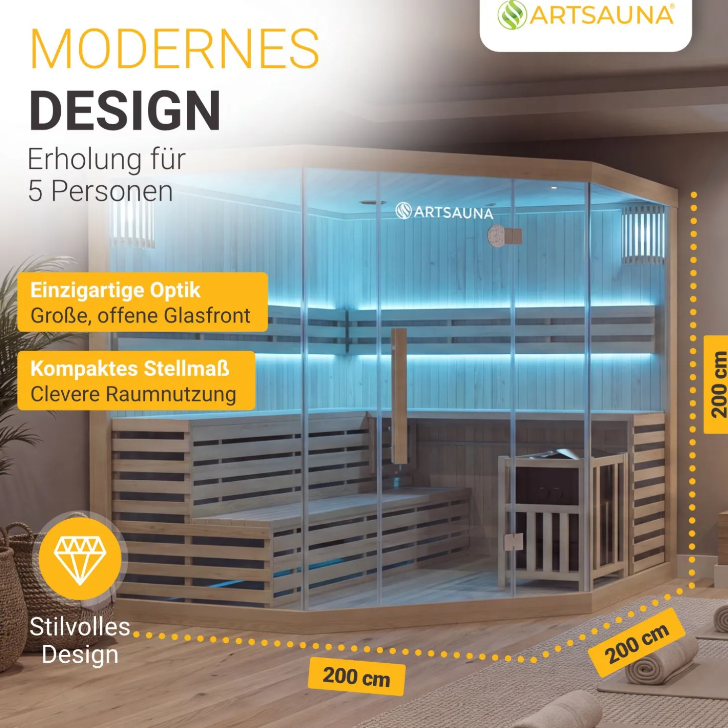 Indoor Sauna Espoo 200 Premium ↔ 200x200cm ↕ 200cm ⚟ 8 kW Saunaofen 유 5 Personen
