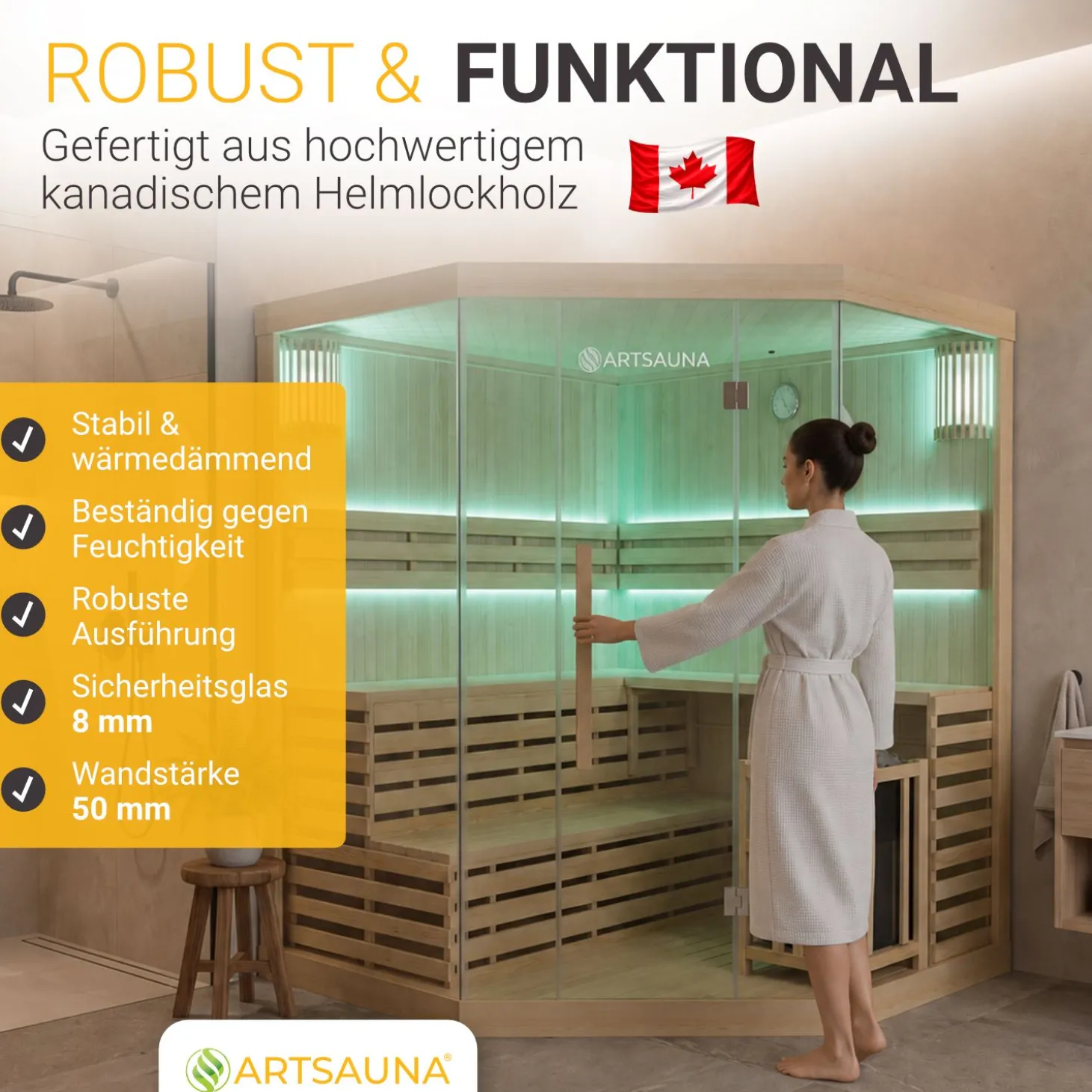 Indoor Sauna Espoo 200 Premium ↔ 200x200cm ↕ 200cm ⚟ 8 kW Saunaofen 유 5 Personen