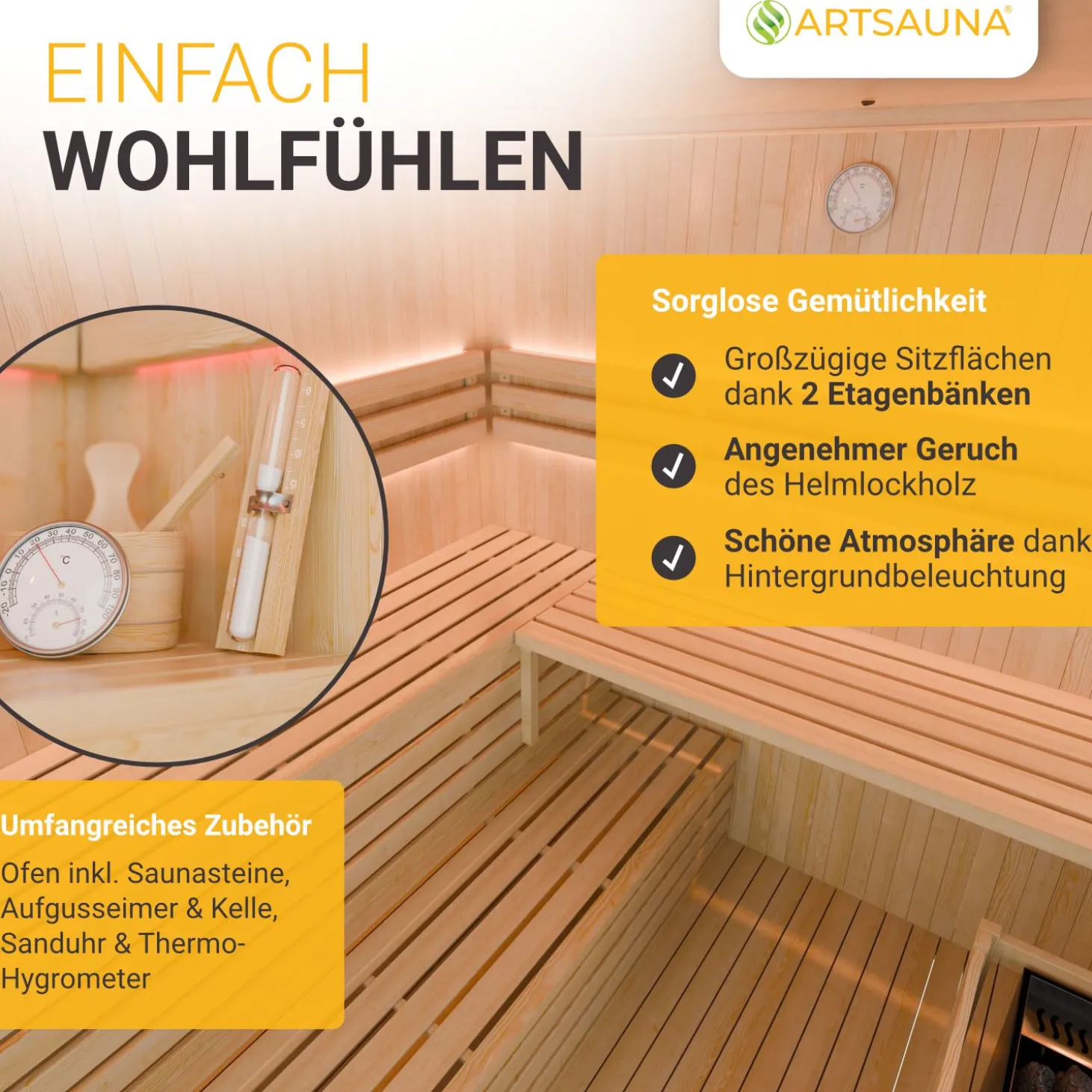 Indoor Sauna Espoo 200 Premium ↔ 200x200cm ↕ 200cm ⚟ 8 kW Saunaofen 유 5 Personen