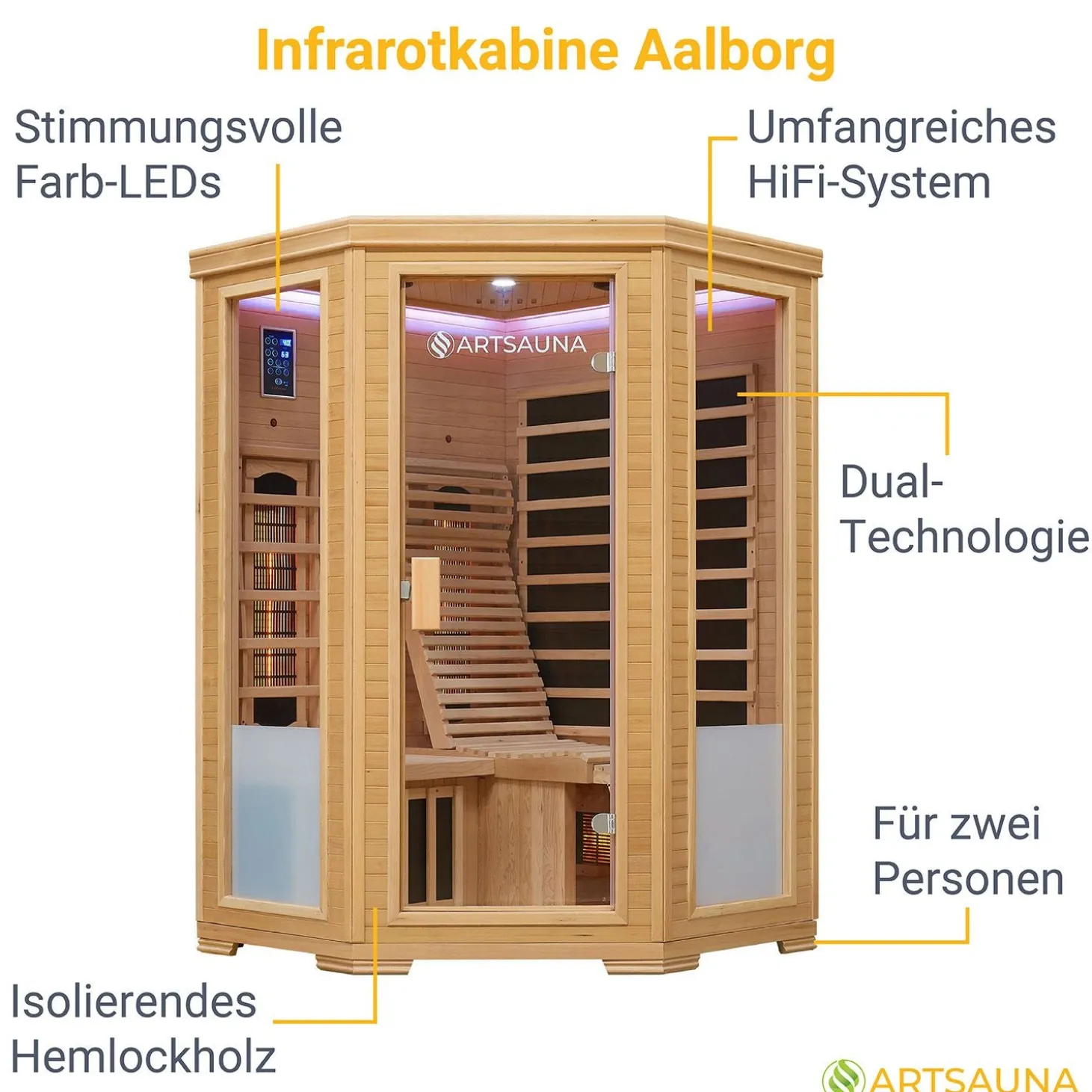 Infrarotkabine Aalborg ↔ 120x120cm ↕ 190cm ⚟ Dual-Technologie 유 2 Personen