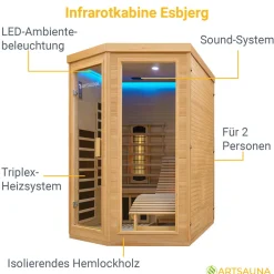 Infrarotkabine Esbjerg ↔ 130x190cm ↕ 190cm ⚟ Triplex-Heizsystem 유 2 Personen