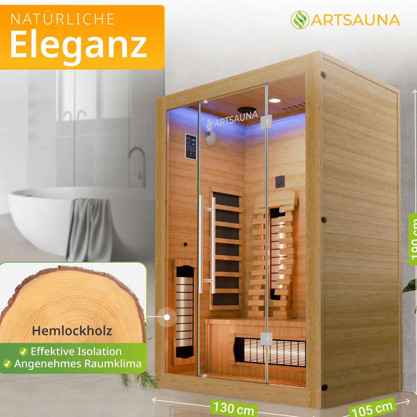 Infrarotkabine Kiruna 130 Premium ↔ 130x105cm ↕ 190cm ⚟ Dual Technologie 유 2 Personen