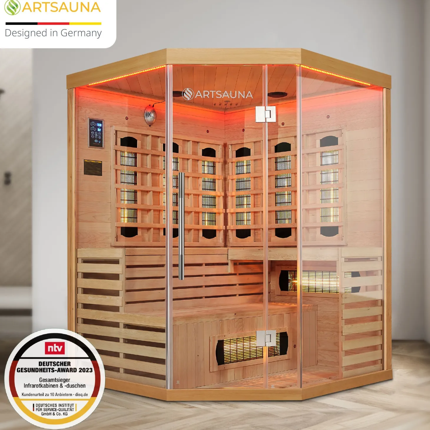 Infrarotkabine Kiruna 150 ↔ 150x150cm ↕ 200cm ⚟ Dual Technologie 유 3 Personen