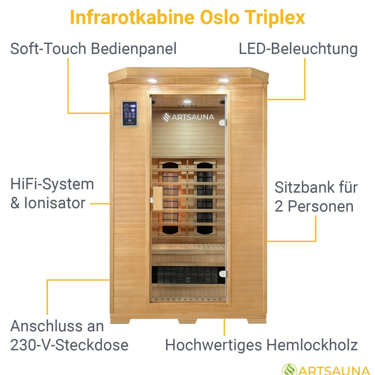 Infrarotkabine Oslo mit Triplex-Heizsystem ↔ 120x100cm ↕ 190cm ⚟ Triplex-Heizsystem 유 2 Personen