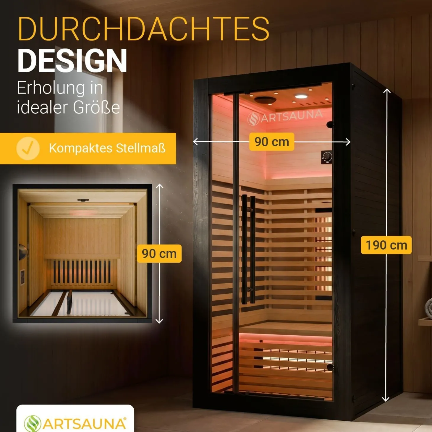 Infrarotkabine Trondheim 90 - Schwarz ↔ 90 x 90 cm ↕ 190 cm ⚟ Dual-Technologie dimmbar 유 1 Person