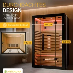 Infrarotkabine Trondheim 120 - Schwarz ↔ 120 x 105 cm ↕ 190 cm ⚟ Dual-Technologie dimmbar 유 2 Person