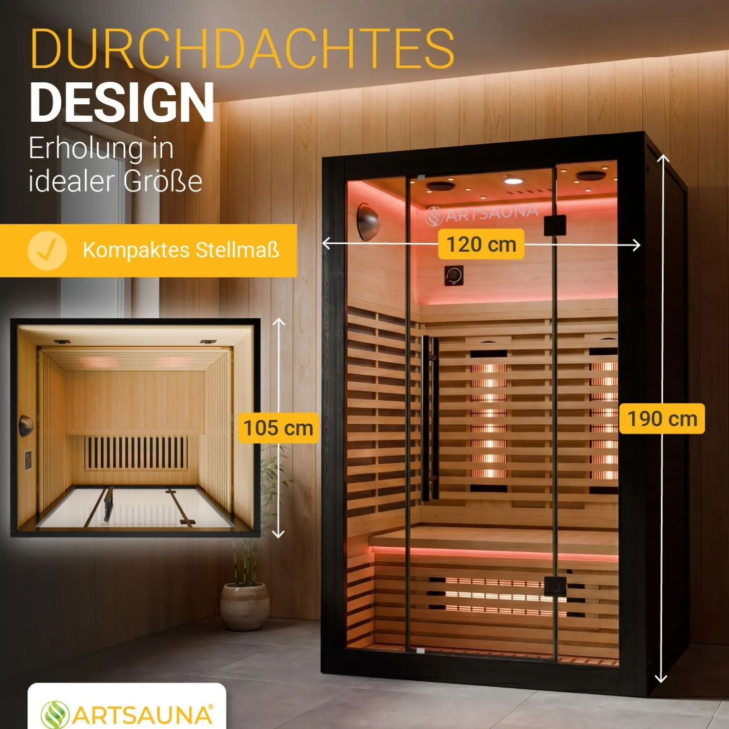 Infrarotkabine Trondheim 120 - Schwarz ↔ 120 x 105 cm ↕ 190 cm ⚟ Dual-Technologie dimmbar 유 2 Person