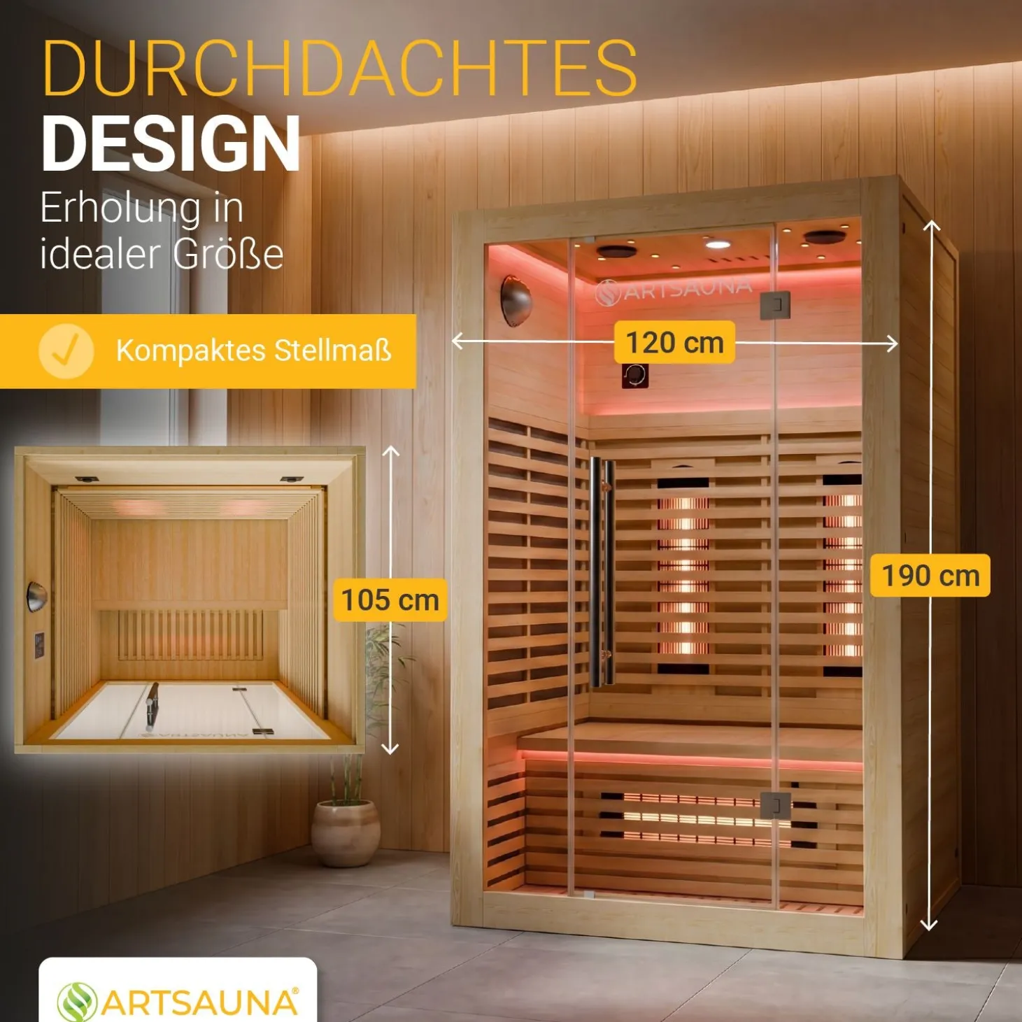 Infrarotkabine Trondheim 120 ↔ 120 x 105 cm ↕ 190 cm ⚟ Dual-Technologie dimmbar 유 2 Person
