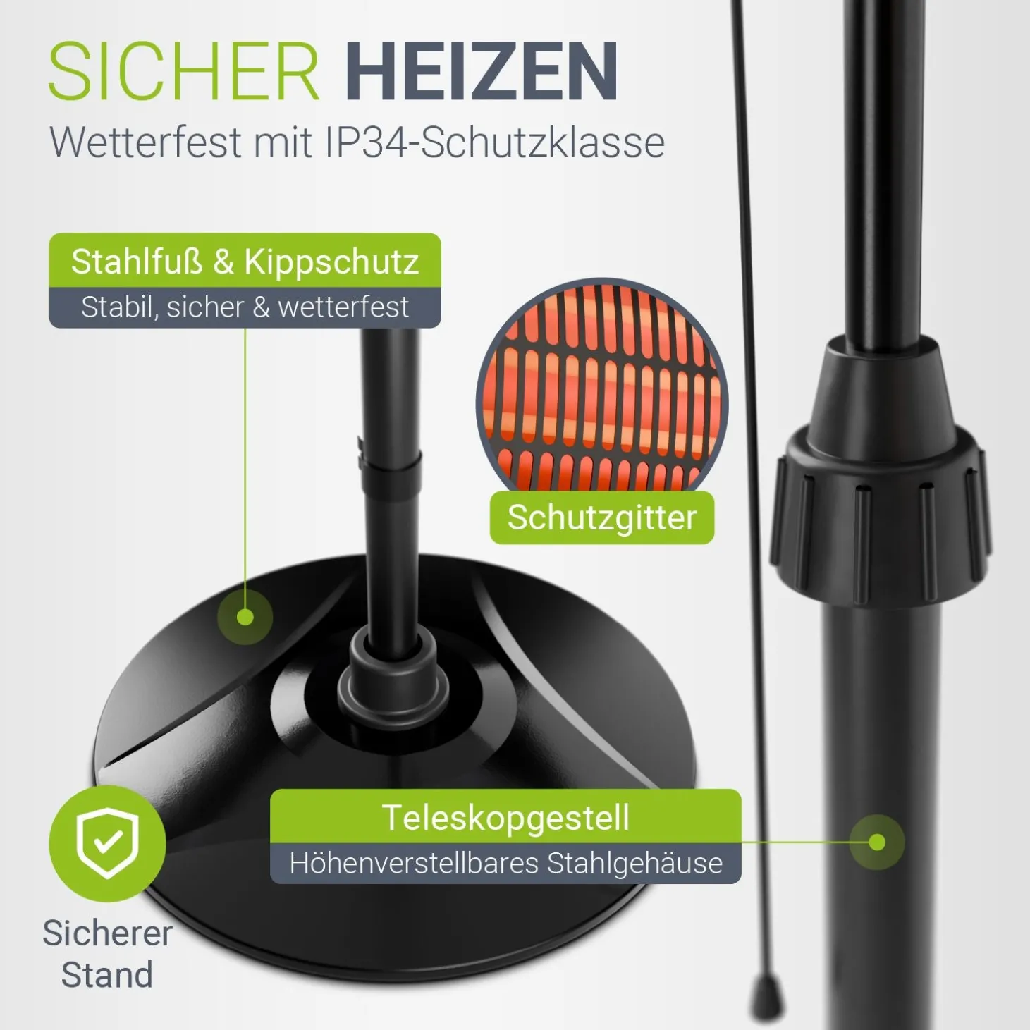 Infrarotstrahler 2000W Schwarz außen Heizstrahler mit Quarzröhren, 3 Stufen und Teleskopgestell