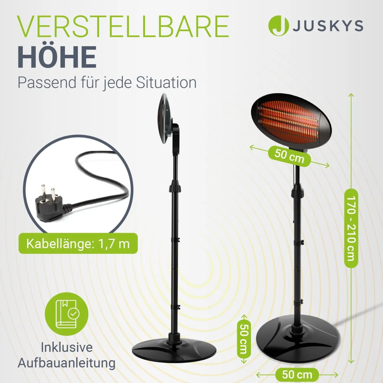 Infrarotstrahler 2000W Schwarz außen Heizstrahler mit Quarzröhren, 3 Stufen und Teleskopgestell