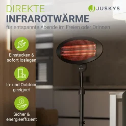 Infrarotstrahler 2000W Schwarz außen Heizstrahler mit Quarzröhren, 3 Stufen und Teleskopgestell