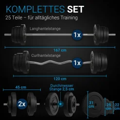 3in1 Hantelset 60kg Komplett-Set: Kurz-, Lang- und Curlhantel mit Gewichten und rutschfesten Griffen