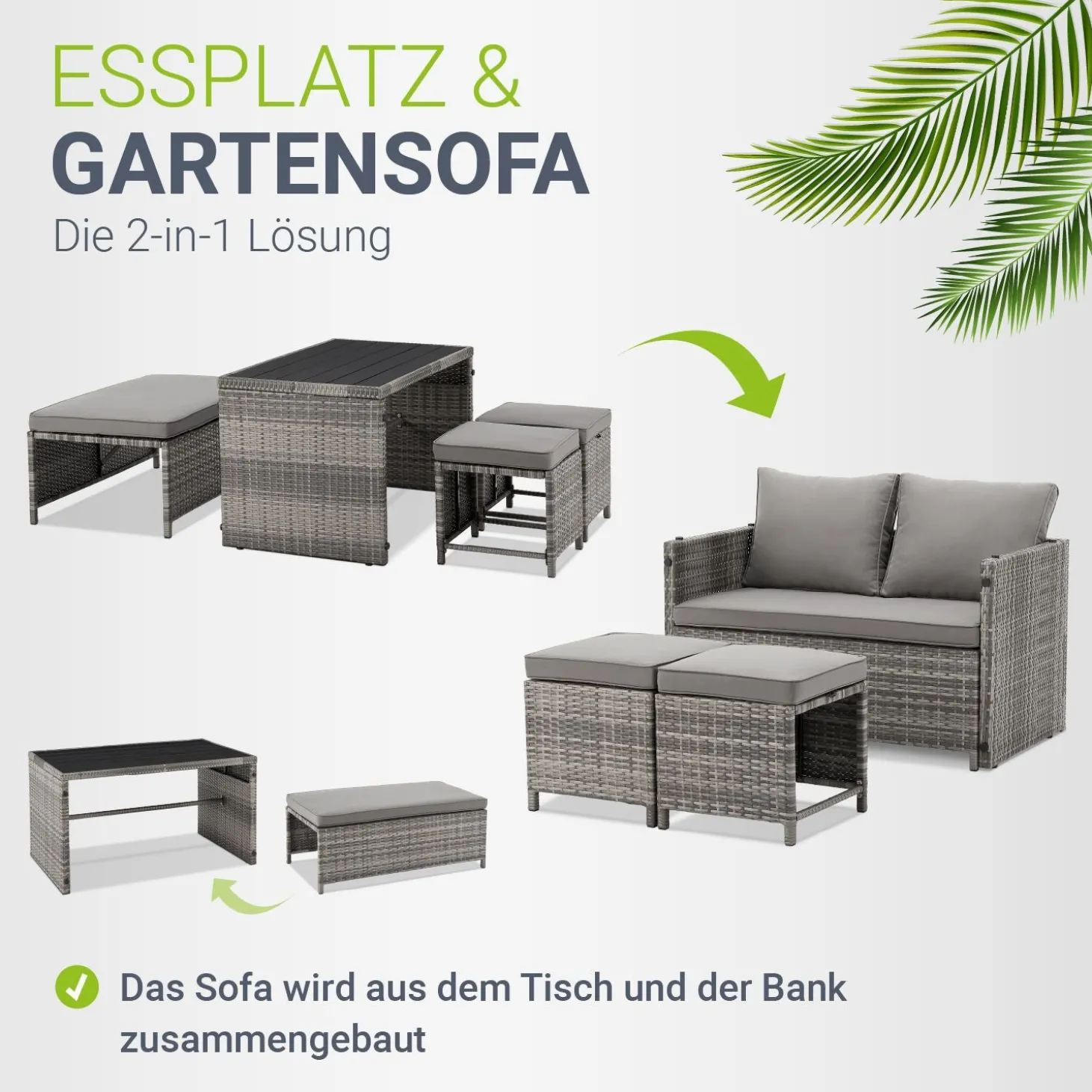 2in1 Polyrattan Gartenmöbel Jamaika Lounge-Set für kleine Balkone aus langlebigem Polyrattan