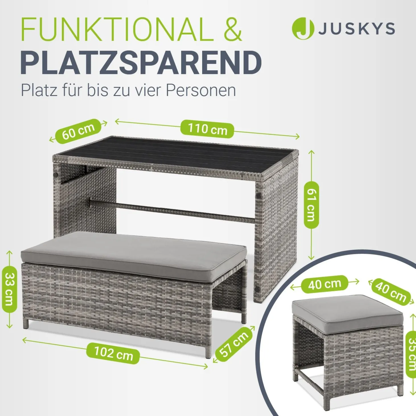 2in1 Polyrattan Gartenmöbel Jamaika Lounge-Set für kleine Balkone aus langlebigem Polyrattan