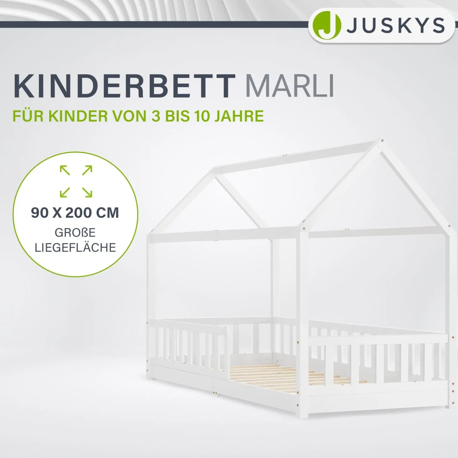 Kinderbett Marli 90 x 200 cm Hausbett mit Rausfallschutz, Lattenrost und Dach