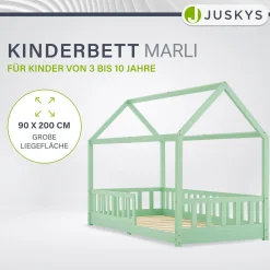 Kinderbett Marli 90 x 200 cm Hausbett mit Rausfallschutz, Lattenrost und Dach