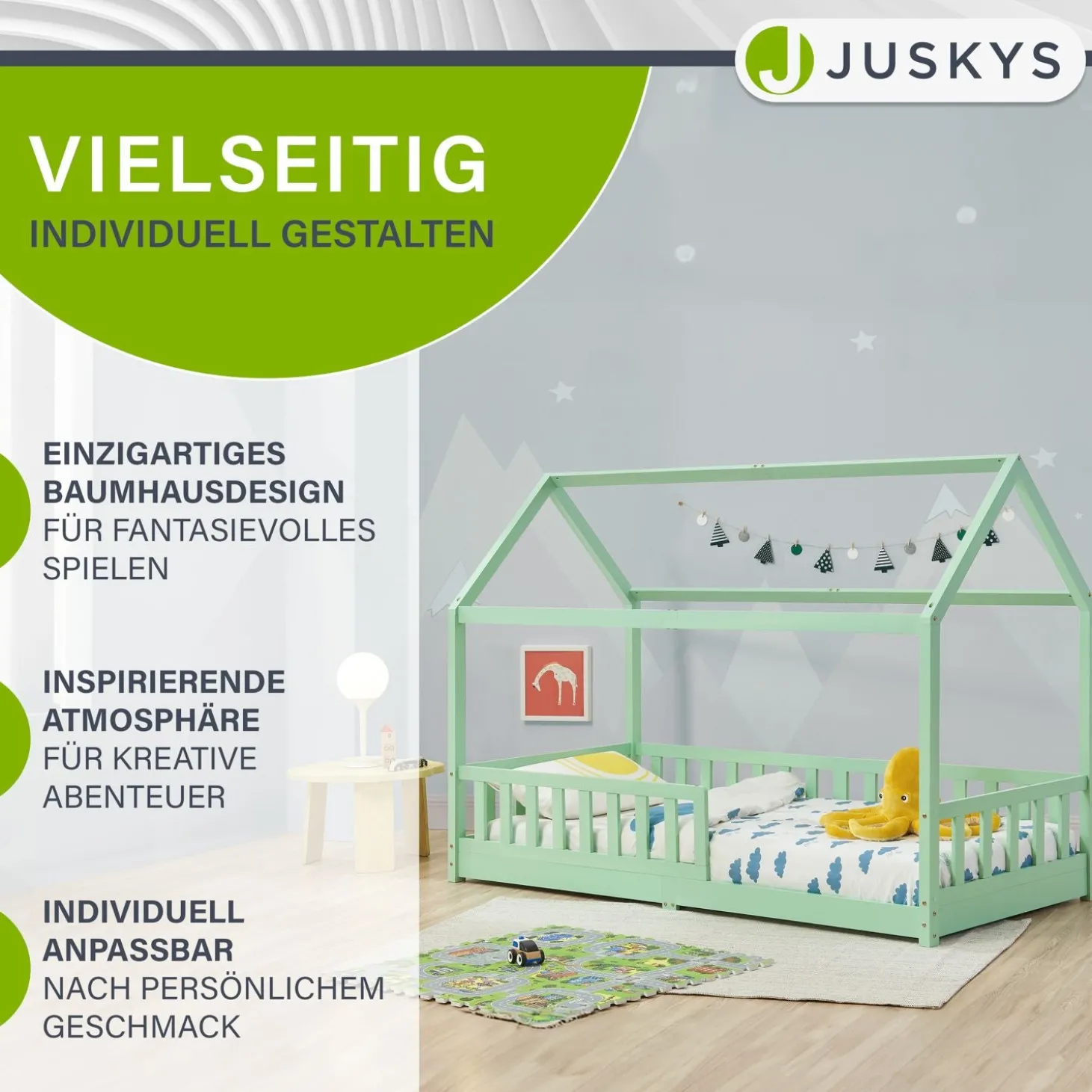 Kinderbett Marli 90 x 200 cm Hausbett mit Rausfallschutz, Lattenrost und Dach
