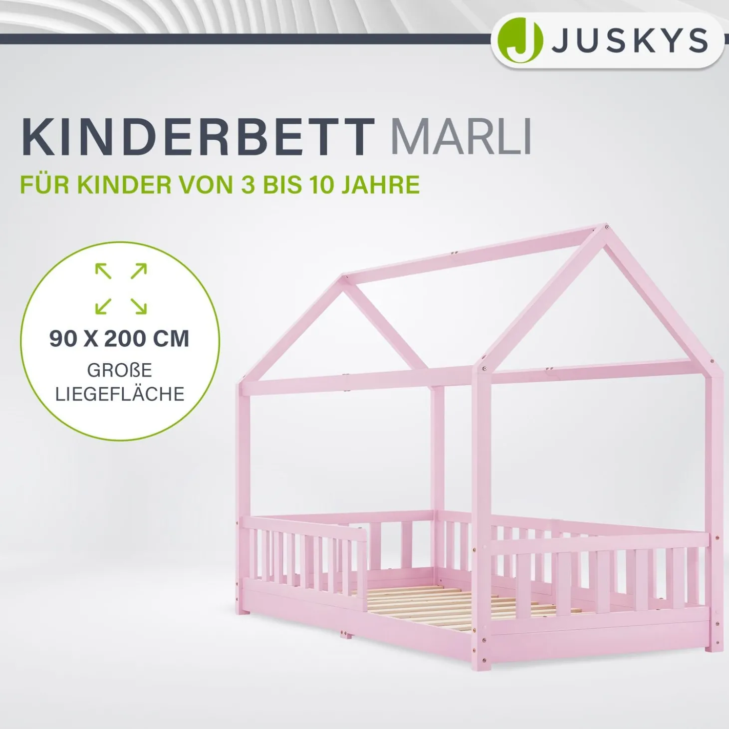 Kinderbett Marli 90 x 200 cm Hausbett mit Rausfallschutz, Lattenrost und Dach