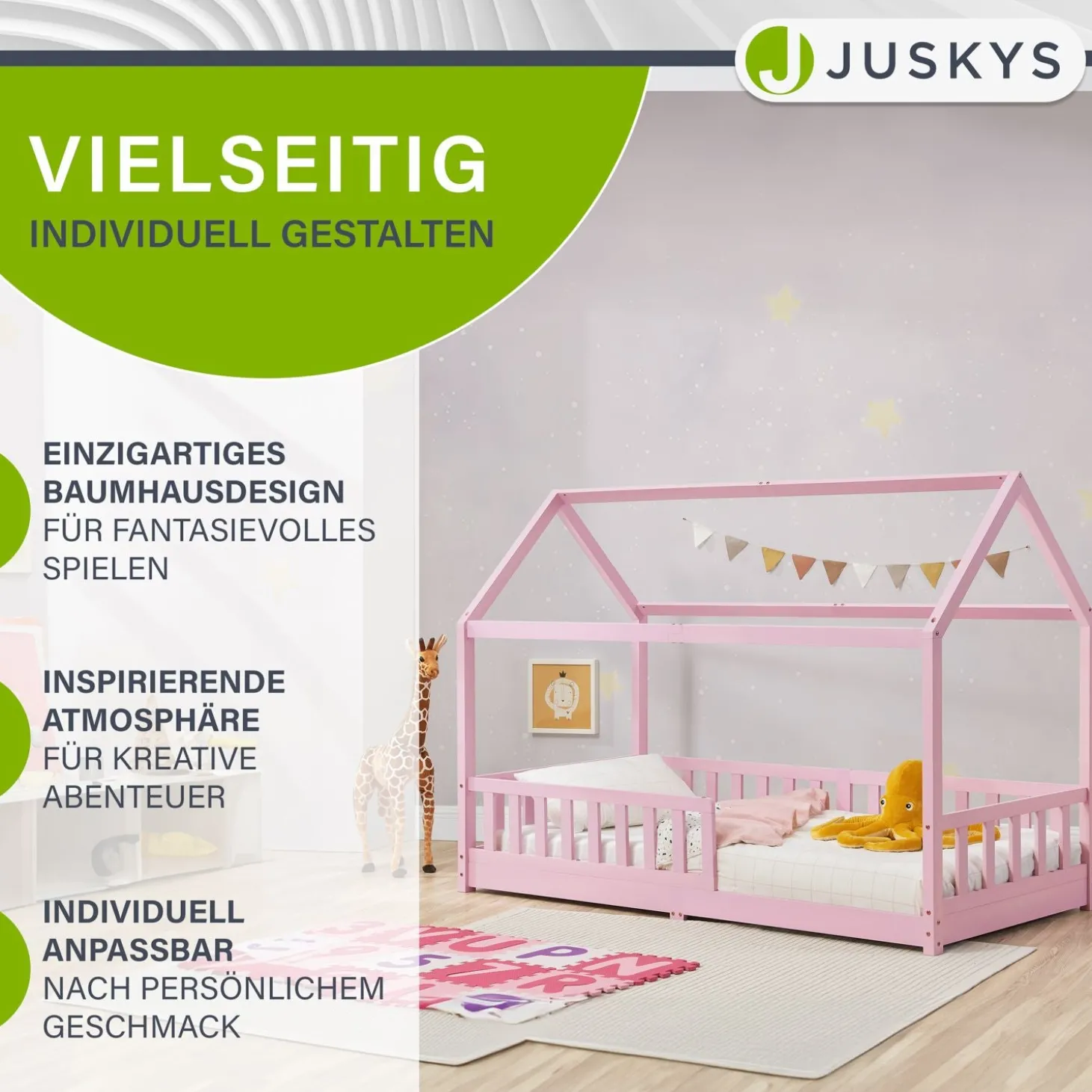 Kinderbett Marli 90 x 200 cm Hausbett mit Rausfallschutz, Lattenrost und Dach