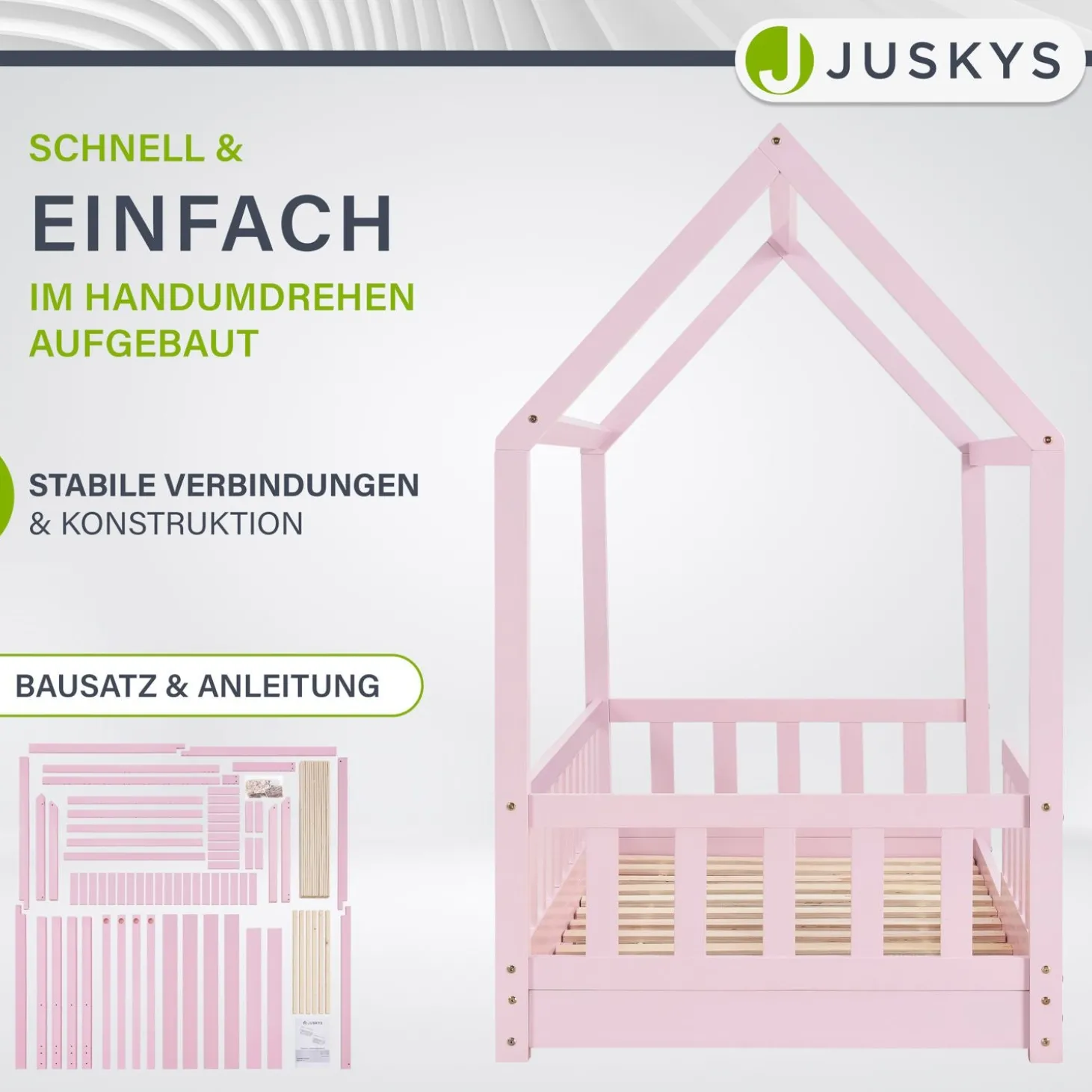 Kinderbett Marli 90 x 200 cm Hausbett mit Rausfallschutz, Lattenrost und Dach