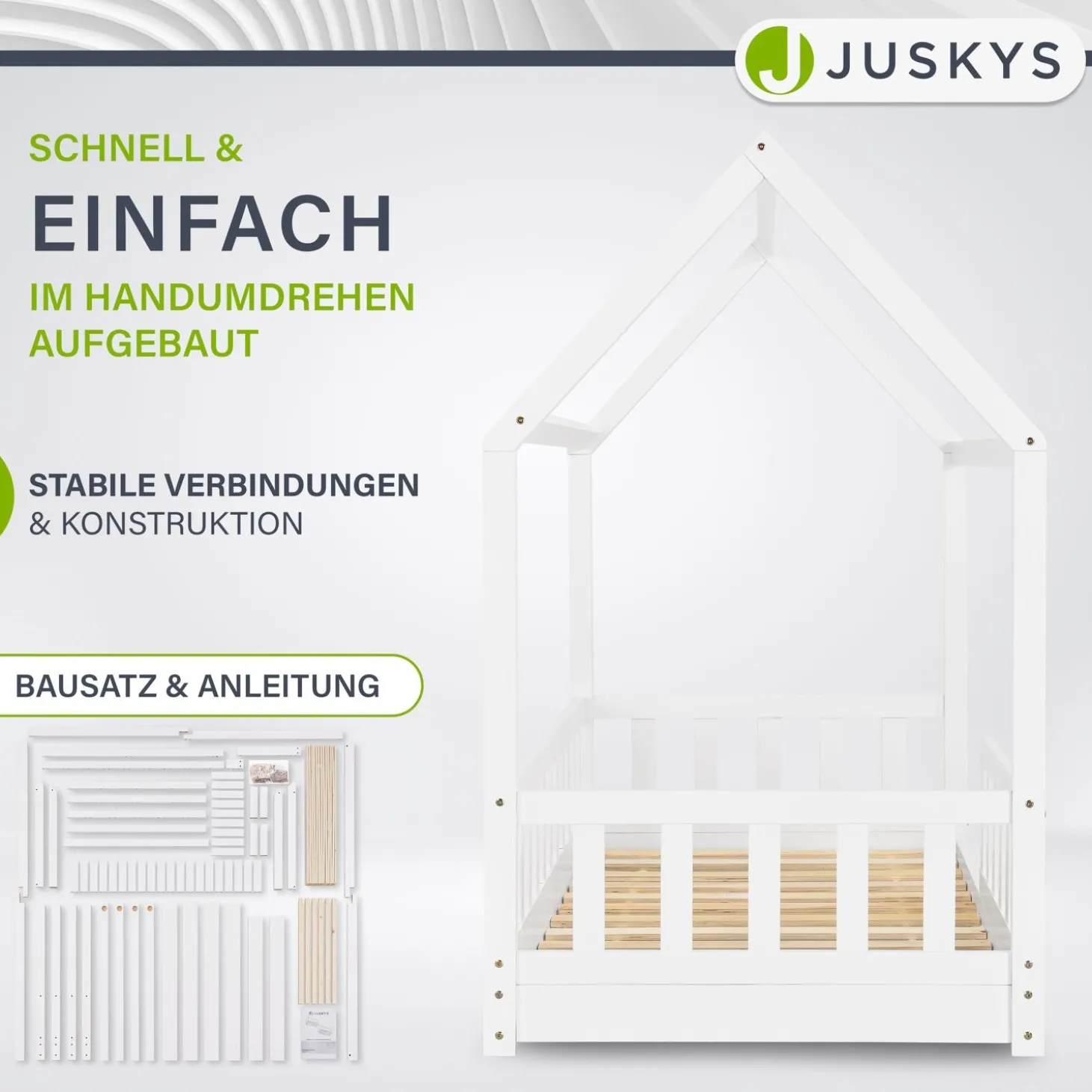 Kinderbett Marli 90 x 200 cm Hausbett mit Rausfallschutz, Lattenrost und Dach