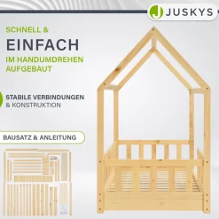 Kinderbett Marli 90 x 200 cm Hausbett mit Rausfallschutz, Lattenrost und Dach