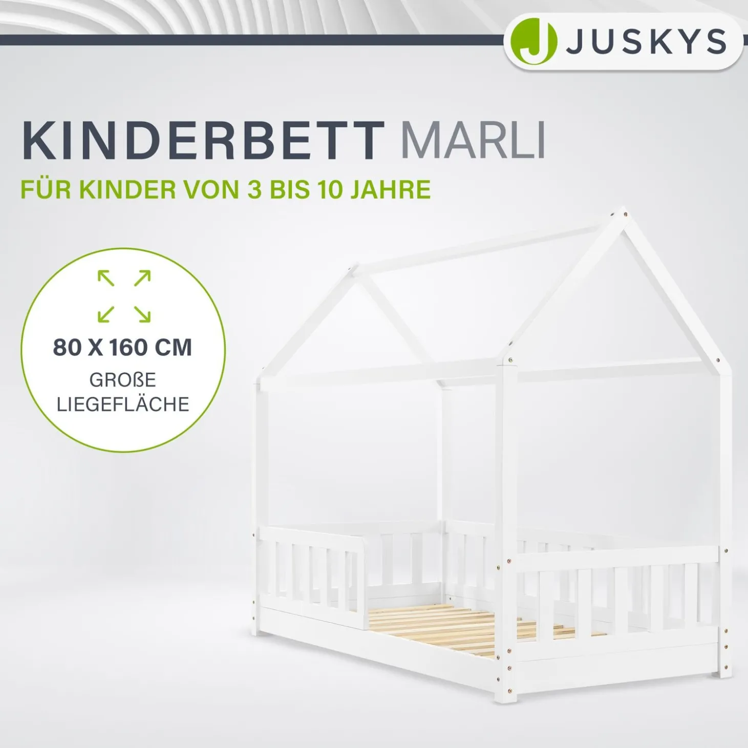 Kinderbett Marli 80 x 160 cm Hausbett mit Rausfallschutz, Lattenrost und Dach