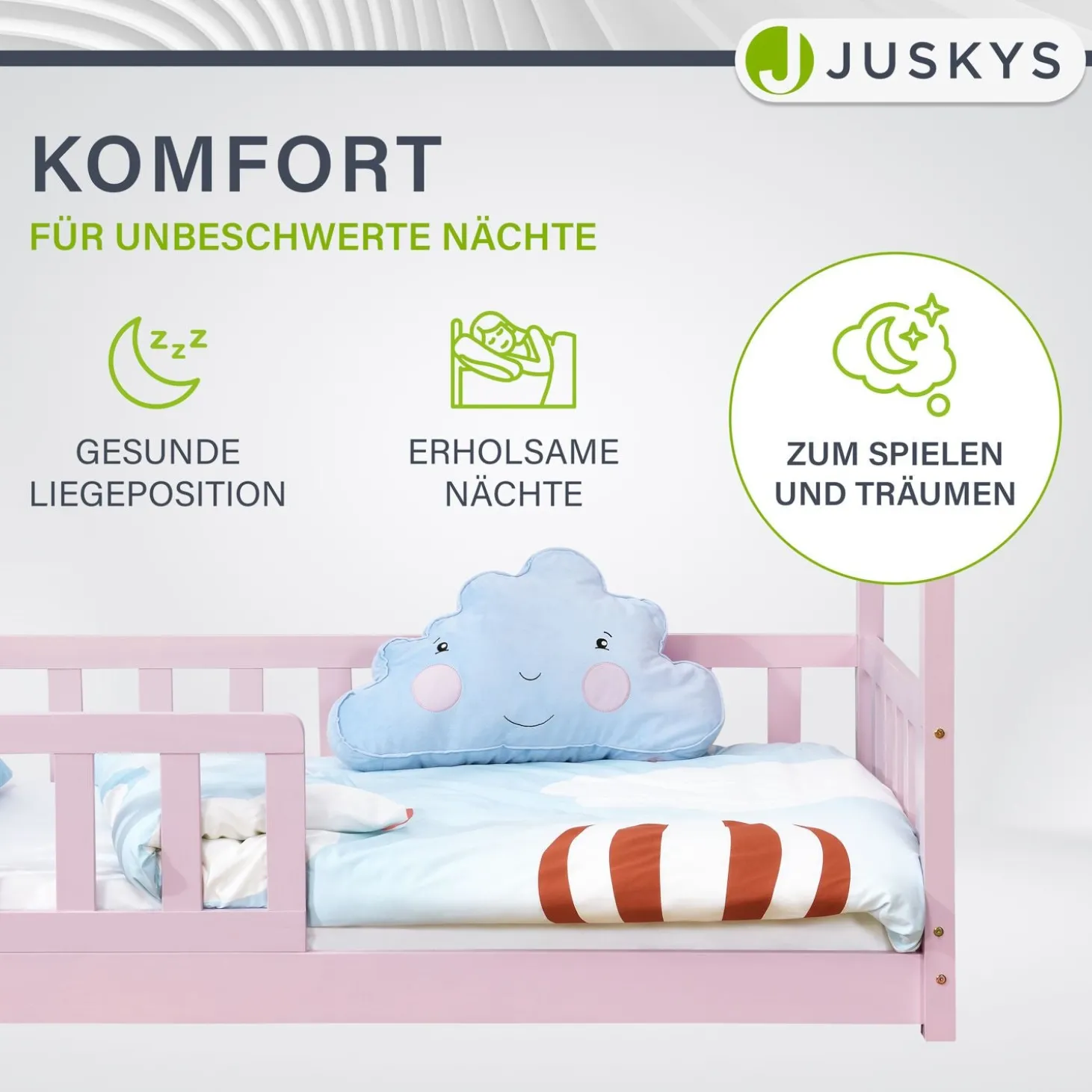 Kinderbett Marli 80 x 160 cm Hausbett mit Rausfallschutz, Lattenrost und Dach