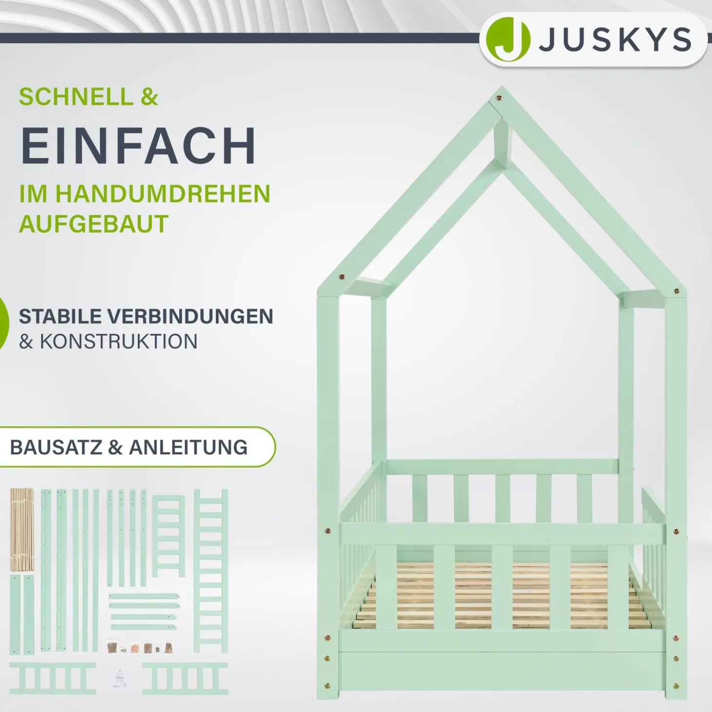 Kinderbett Marli 80 x 160 cm Hausbett mit Rausfallschutz, Lattenrost und Dach