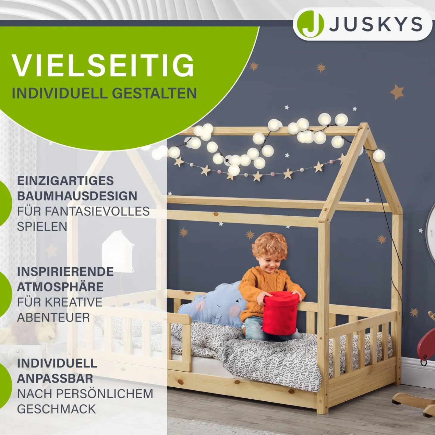 Kinderbett Marli 80 x 160 cm Hausbett mit Rausfallschutz, Lattenrost und Dach