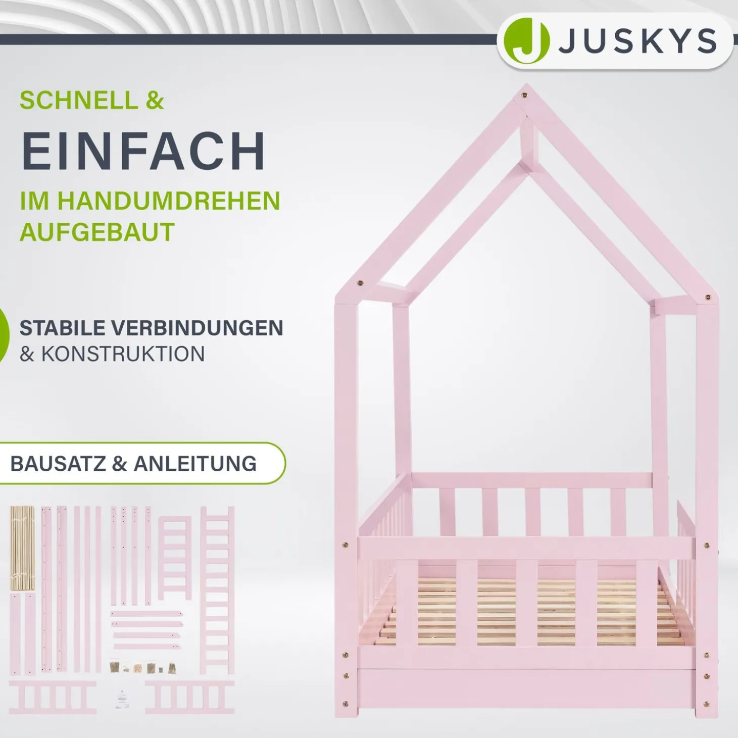 Kinderbett Marli 80 x 160 cm Hausbett mit Rausfallschutz, Lattenrost und Dach