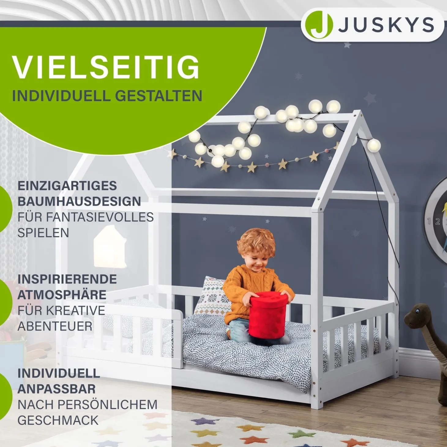 Kinderbett Marli 80 x 160 cm Hausbett mit Rausfallschutz, Lattenrost und Dach