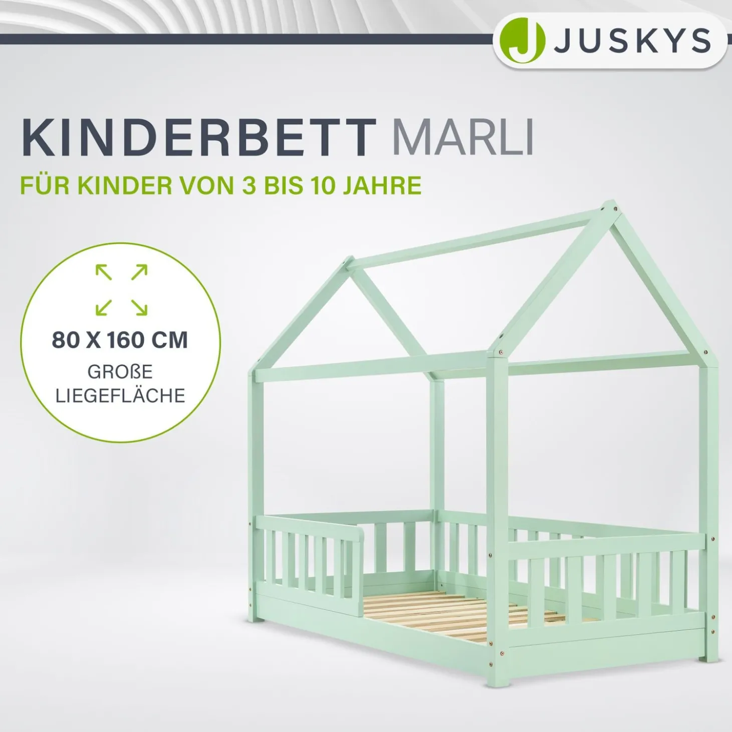 Kinderbett Marli 80 x 160 cm Hausbett mit Rausfallschutz, Lattenrost und Dach