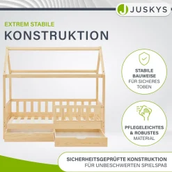 Kinderbett Marli 90 x 200 cm mit Bettkasten Hausbett mit Dach, Lattenrost, Rausfallschutz & Stauraum