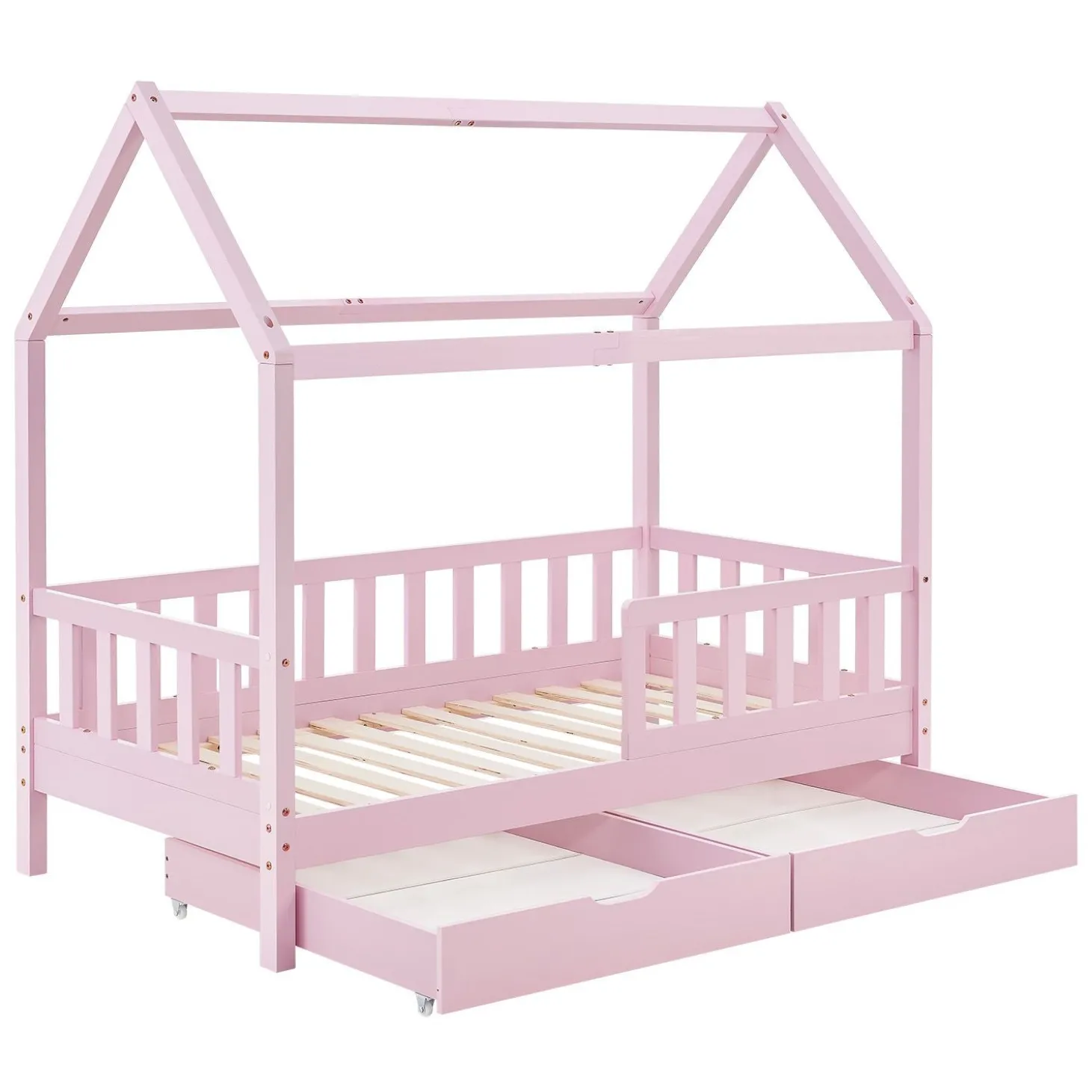Kinderbett Marli 90 x 200 cm mit Bettkasten Hausbett mit Dach, Lattenrost, Rausfallschutz & Stauraum