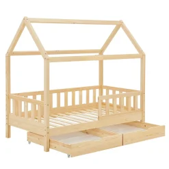 Kinderbett Marli 90 x 200 cm mit Bettkasten Hausbett mit Dach, Lattenrost, Rausfallschutz & Stauraum