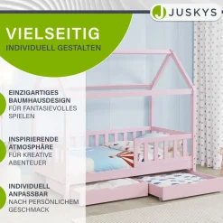 Kinderbett Marli 90 x 200 cm mit Bettkasten Hausbett mit Dach, Lattenrost, Rausfallschutz & Stauraum