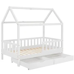 Kinderbett Marli 90 x 200 cm mit Bettkasten Hausbett mit Dach, Lattenrost, Rausfallschutz & Stauraum