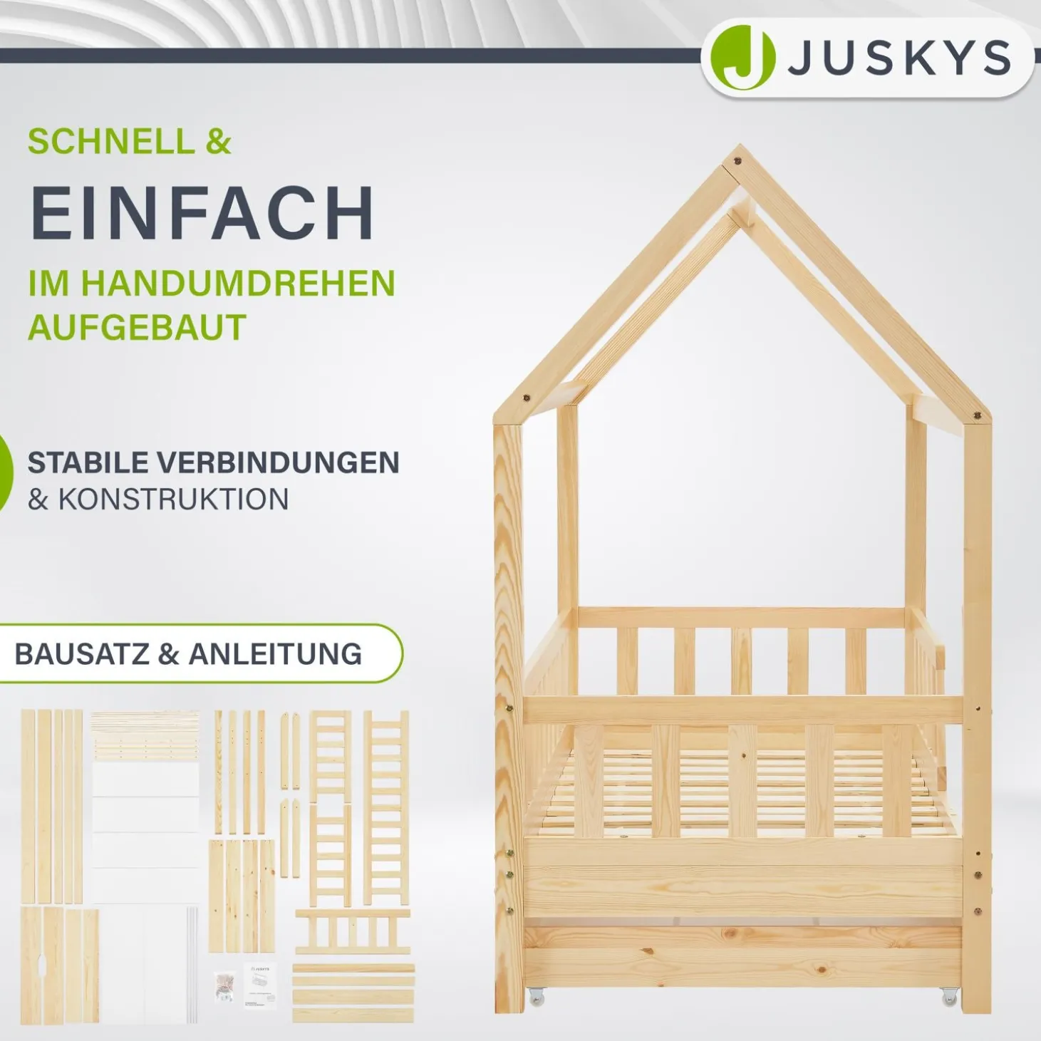 Kinderbett Marli 90 x 200 cm mit Bettkasten Hausbett mit Dach, Lattenrost, Rausfallschutz & Stauraum