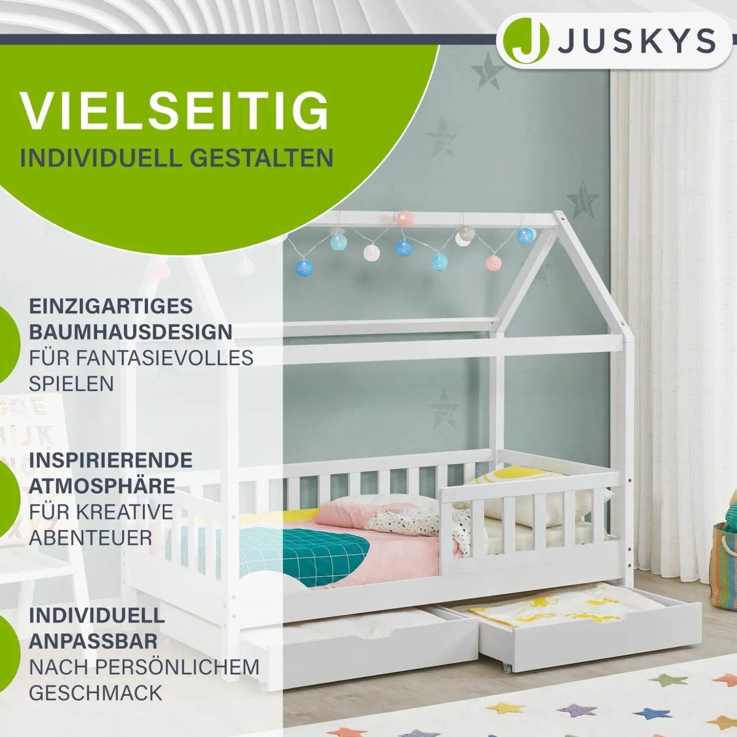 Kinderbett Marli 90 x 200 cm mit Bettkasten Hausbett mit Dach, Lattenrost, Rausfallschutz & Stauraum