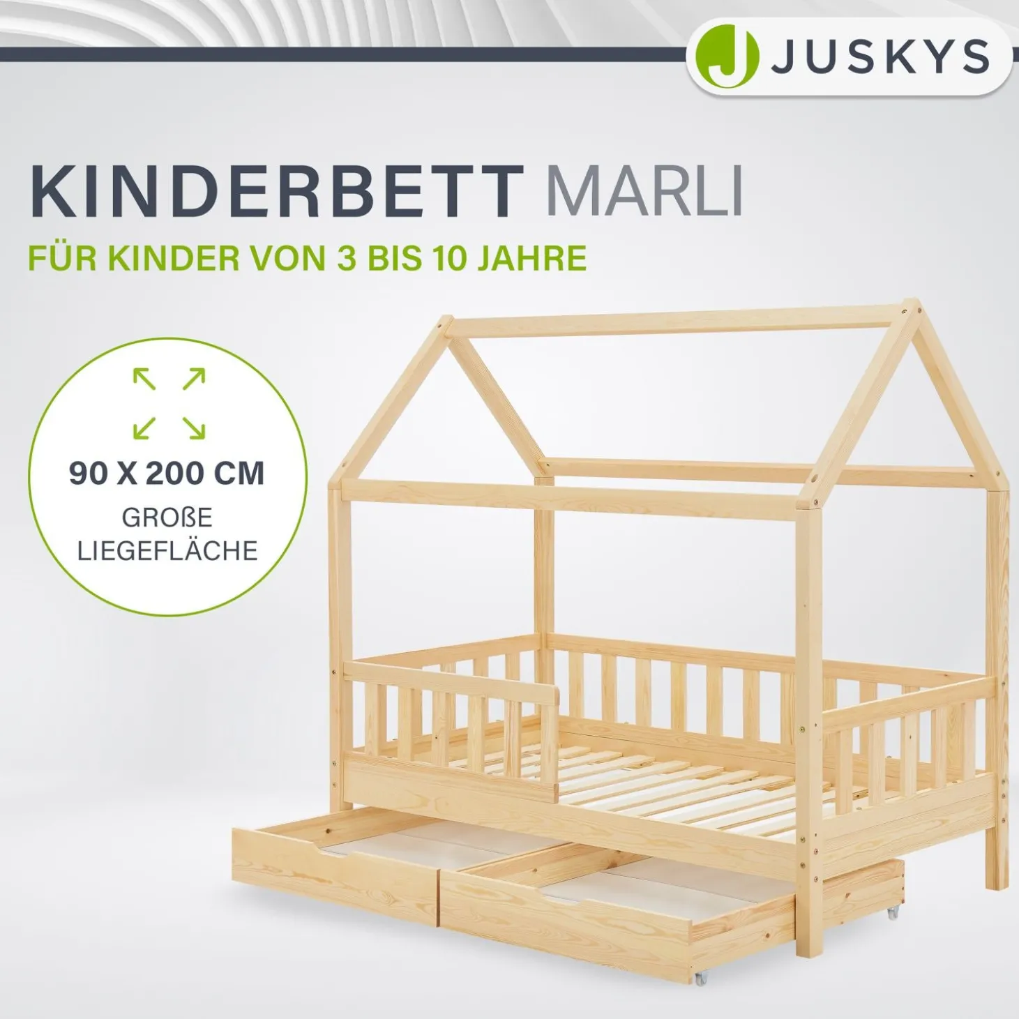 Kinderbett Marli 90 x 200 cm mit Bettkasten Hausbett mit Dach, Lattenrost, Rausfallschutz & Stauraum