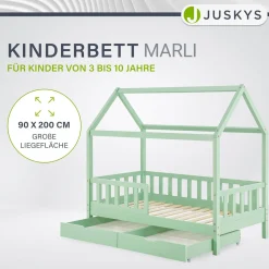 Kinderbett Marli 90 x 200 cm mit Bettkasten Hausbett mit Dach, Lattenrost, Rausfallschutz & Stauraum