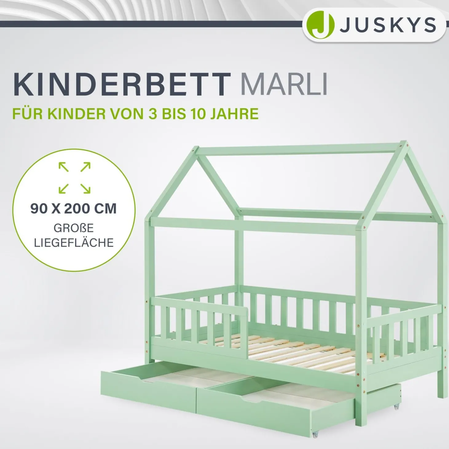 Kinderbett Marli 90 x 200 cm mit Bettkasten Hausbett mit Dach, Lattenrost, Rausfallschutz & Stauraum