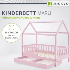 Kinderbett Marli 90 x 200 cm mit Bettkasten Hausbett mit Dach, Lattenrost, Rausfallschutz & Stauraum
