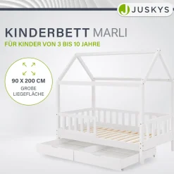 Kinderbett Marli 90 x 200 cm mit Bettkasten Hausbett mit Dach, Lattenrost, Rausfallschutz & Stauraum