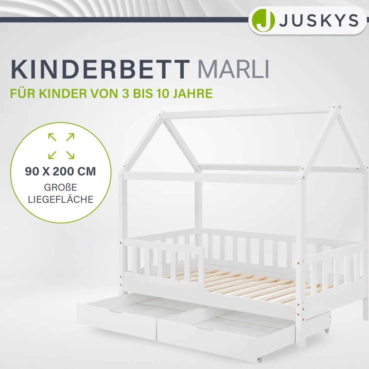 Kinderbett Marli 90 x 200 cm mit Bettkasten Hausbett mit Dach, Lattenrost, Rausfallschutz & Stauraum