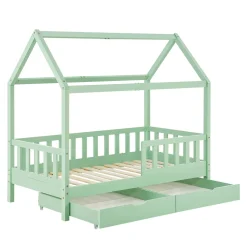 Kinderbett Marli 90 x 200 cm mit Bettkasten Hausbett mit Dach, Lattenrost, Rausfallschutz & Stauraum