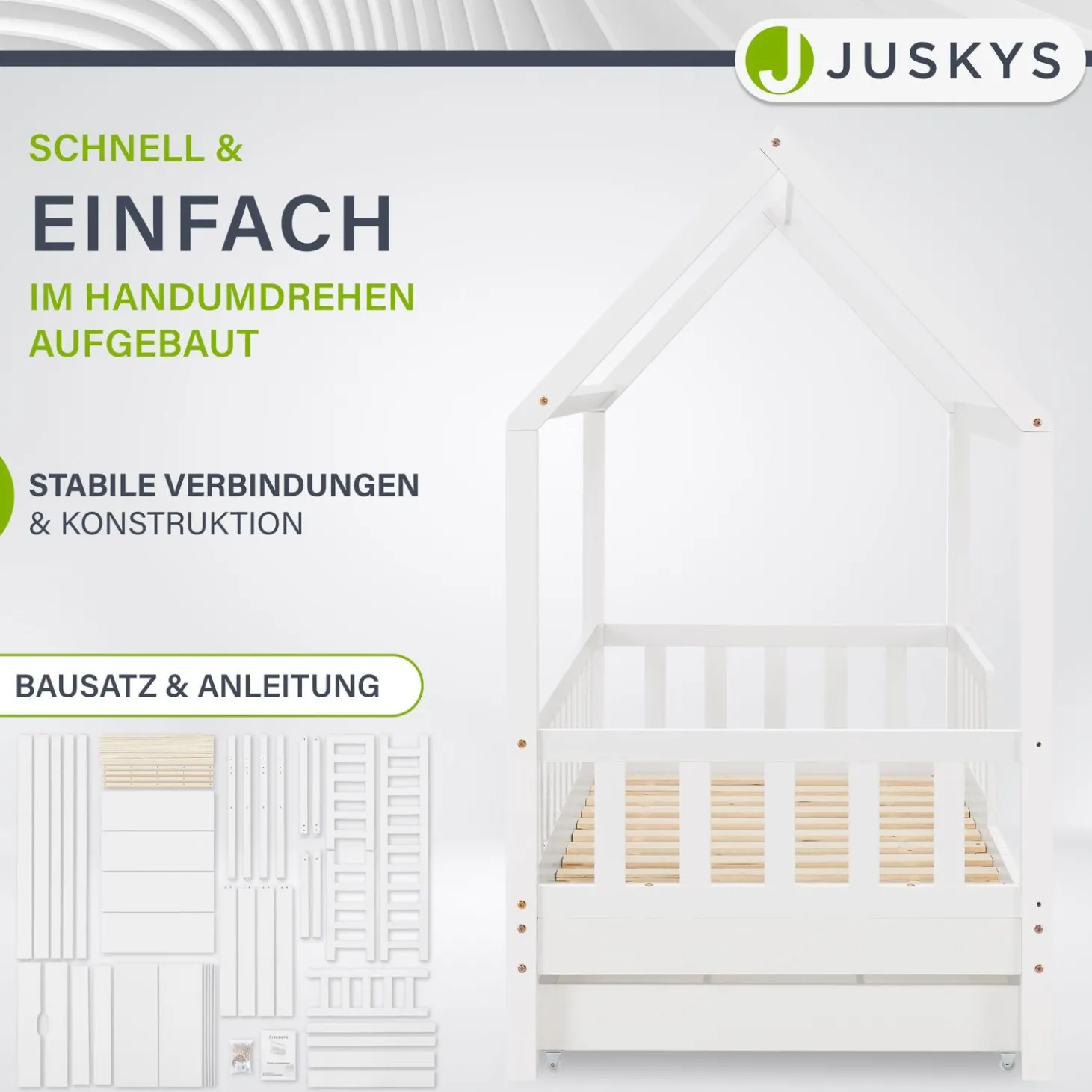 Kinderbett Marli 90 x 200 cm mit Bettkasten Hausbett mit Dach, Lattenrost, Rausfallschutz & Stauraum