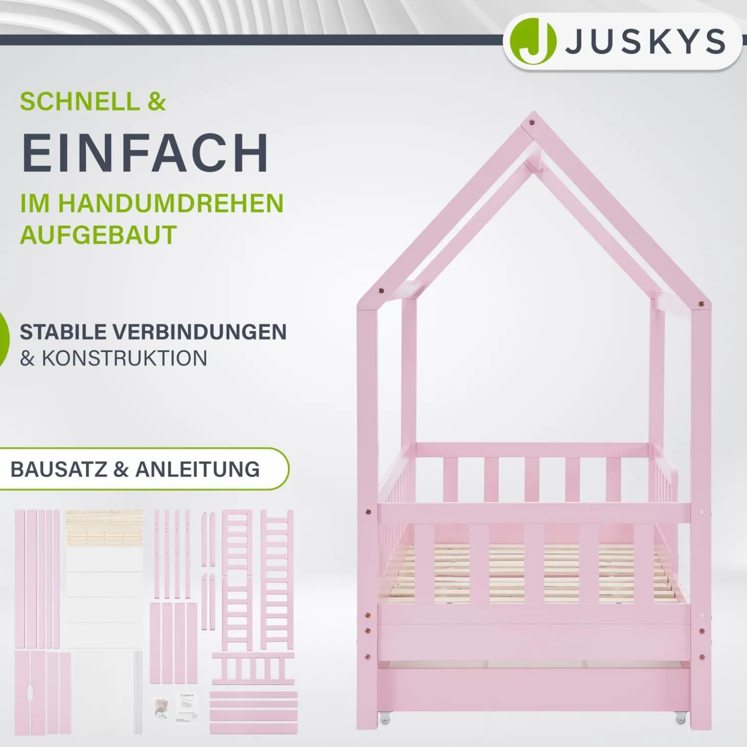 Kinderbett Marli 90 x 200 cm mit Bettkasten Hausbett mit Dach, Lattenrost, Rausfallschutz & Stauraum