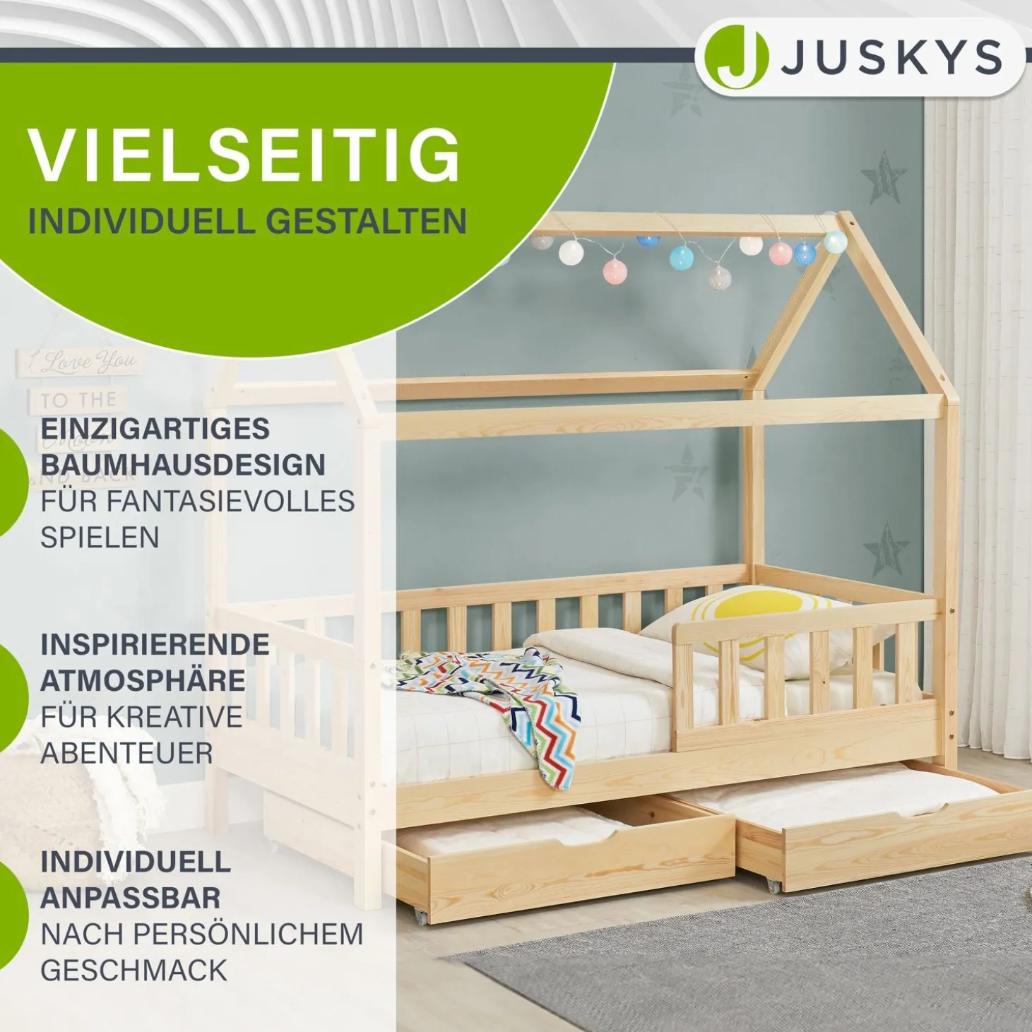 Kinderbett Marli 90 x 200 cm mit Bettkasten Hausbett mit Dach, Lattenrost, Rausfallschutz & Stauraum